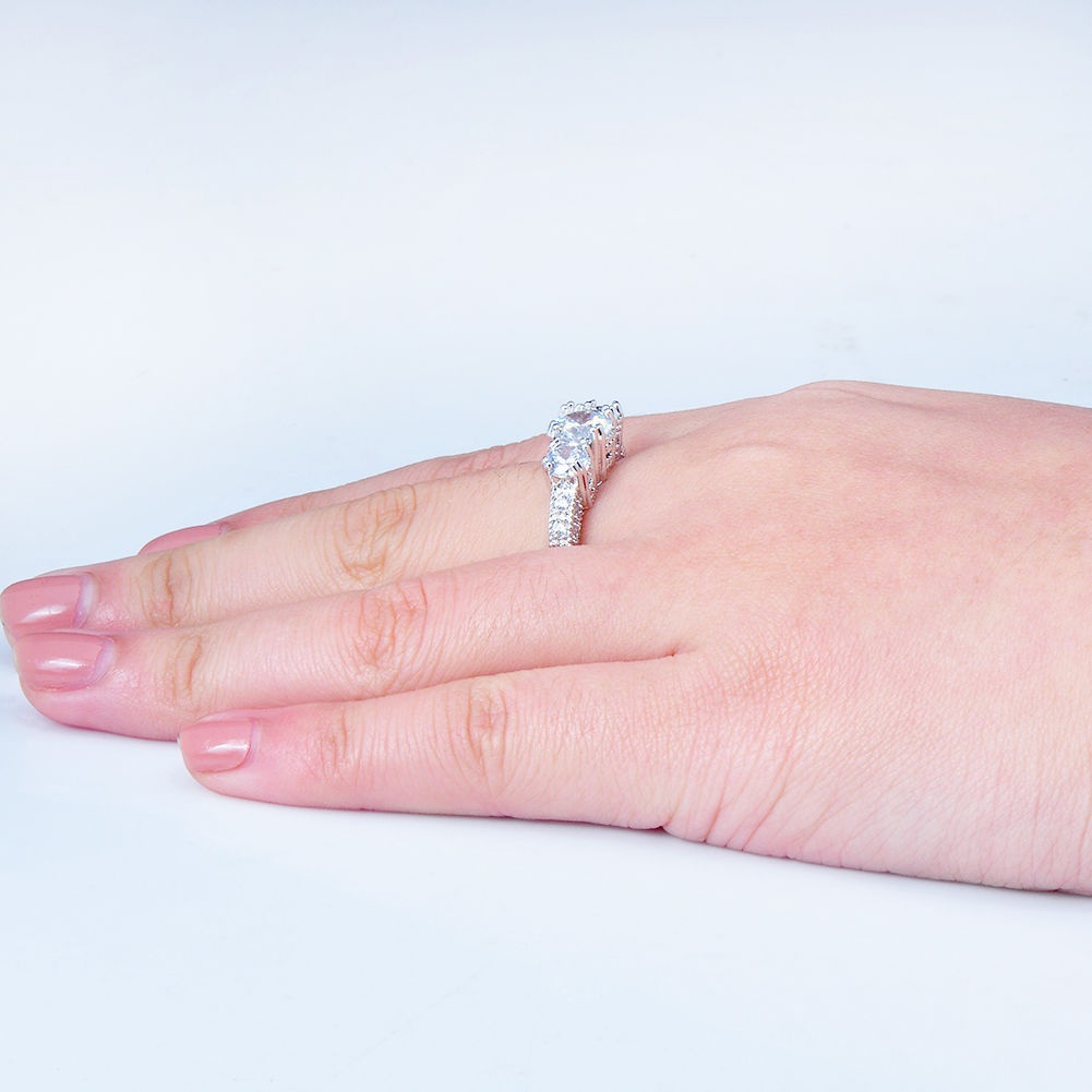 Silvery Three Stone Zirconia Engagement Wedding Band Ring